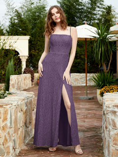 Square Neckline Long Lace Dress With Slit Plum