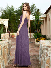 Square Neckline Long Lace Dress With Slit Plum