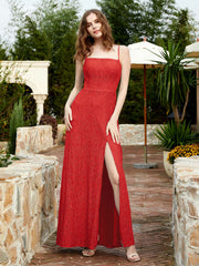 Square Neckline Long Lace Dress With Slit Red