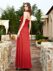 Square Neckline Long Lace Dress With Slit Red