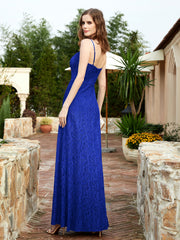 Square Neckline Long Lace Dress With Slit Royal Blue