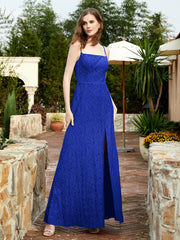 Square Neckline Long Lace Dress With Slit Royal Blue