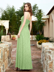 Square Neckline Long Lace Dress With Slit Sage