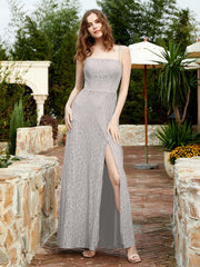 Square Neckline Long Lace Dress With Slit Silver