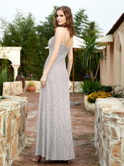 Square Neckline Long Lace Dress With Slit Silver