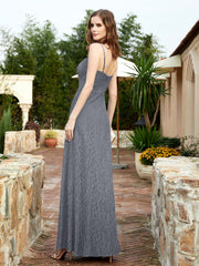 Square Neckline Long Lace Dress With Slit Steel Grey