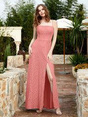 Square Neckline Long Lace Dress With Slit Sunset