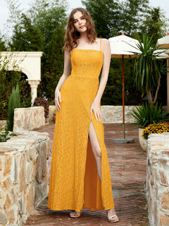 Square Neckline Long Lace Dress With Slit Tangerine