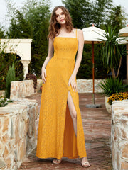 Square Neckline Long Lace Dress With Slit Tangerine Plus Size