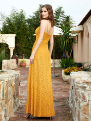 Square Neckline Long Lace Dress With Slit Tangerine