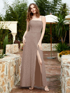 Square Neckline Long Lace Dress With Slit Taupe