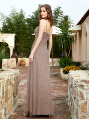 Square Neckline Long Lace Dress With Slit Taupe