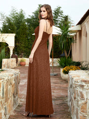 Square Neckline Long Lace Dress With Slit Terracotta