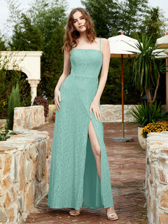 Square Neckline Long Lace Dress With Slit Turquoise