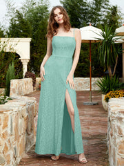 Square Neckline Long Lace Dress With Slit Turquoise Plus Size