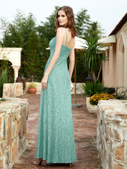 Square Neckline Long Lace Dress With Slit Turquoise