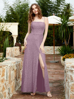 Square Neckline Long Lace Dress With Slit Vintage Mauve