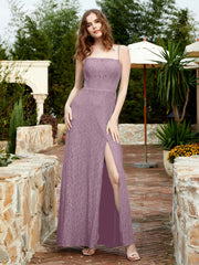 Square Neckline Long Lace Dress With Slit Vintage Mauve Plus Size