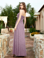 Square Neckline Long Lace Dress With Slit Vintage Mauve