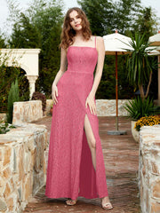 Square Neckline Long Lace Dress With Slit Watermelon