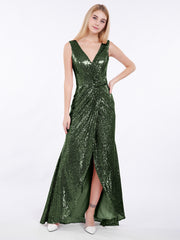 High Low Sequins Lace Dresses with Bow Olive Green
