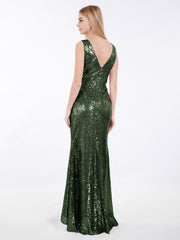 High Low Sequins Lace Dresses with Bow Olive Green