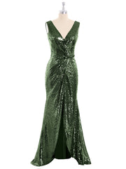 High Low Sequins Lace Dresses with Bow Olive Green