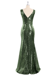 High Low Sequins Lace Dresses with Bow Olive Green