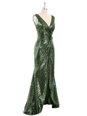 High Low Sequins Lace Dresses with Bow Olive Green