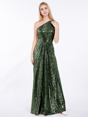 One Shoulder Sequins Lace Maxi Dresses Olive Green