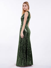 One Shoulder Sequins Lace Maxi Dresses Olive Green
