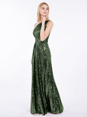One Shoulder Sequins Lace Maxi Dresses Olive Green