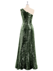 One Shoulder Sequins Lace Maxi Dresses Olive Green