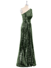 One Shoulder Sequins Lace Maxi Dresses Olive Green