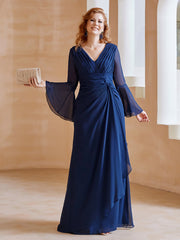 A-line V-Neck Long Sleeves Floor-Length Chiffon Dress Dark Navy