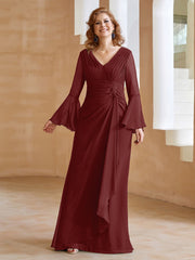 A-line V-Neck Long Sleeves Floor-Length Chiffon Dress Burgundy