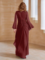 A-line V-Neck Long Sleeves Floor-Length Chiffon Dress Burgundy