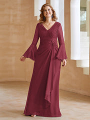 A-line V-Neck Long Sleeves Floor-Length Chiffon Dress Cinnamon Rose