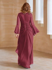 A-line V-Neck Long Sleeves Floor-Length Chiffon Dress Cinnamon Rose