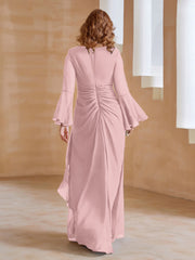 A-line V-Neck Long Sleeves Floor-Length Chiffon Dress Dusty Rose