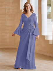 A-line V-Neck Long Sleeves Floor-Length Chiffon Dress Periwinkle