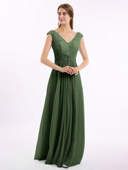 Long Lace Cap Sleeves Chiffon Gown with V Neck Olive Green