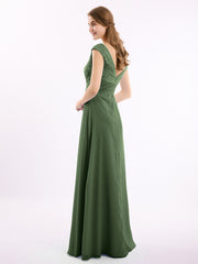 Long Lace Cap Sleeves Chiffon Gown with V Neck Olive Green