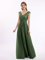 Long Lace Cap Sleeves Chiffon Gown with V Neck Olive Green