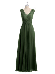 Long Lace Cap Sleeves Chiffon Gown with V Neck Olive Green