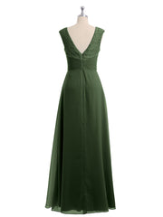 Long Lace Cap Sleeves Chiffon Gown with V Neck Olive Green