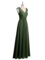 Long Lace Cap Sleeves Chiffon Gown with V Neck Olive Green