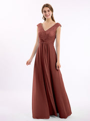 Long Lace Cap Sleeves Chiffon Gown with V Neck Terracotta