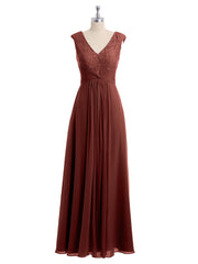 Long Lace Cap Sleeves Chiffon Gown with V Neck Terracotta