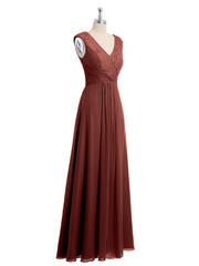 Long Lace Cap Sleeves Chiffon Gown with V Neck Terracotta